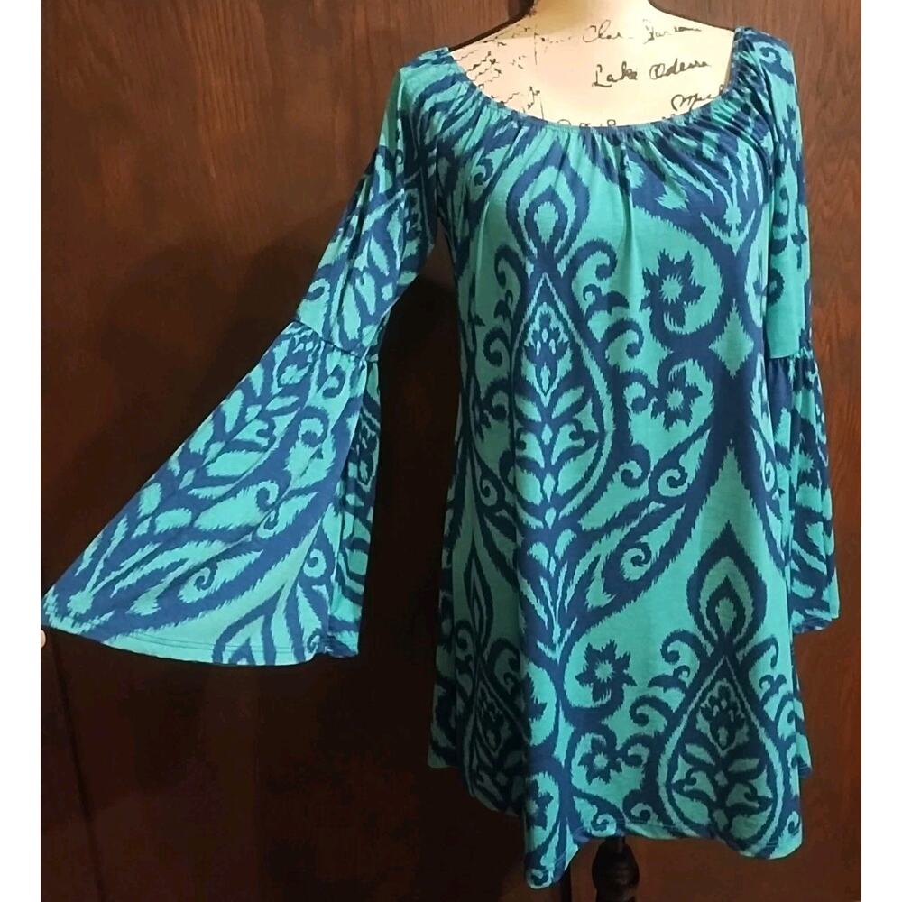 Scrap Work Medium Peacock Cobalt Green Dress Bell Sleeve Loose Boho Stretch